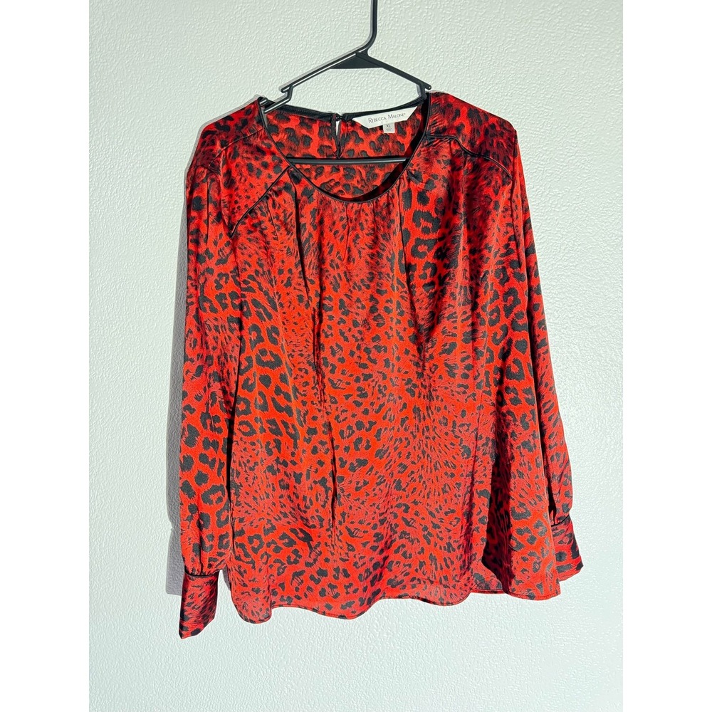 Rebecca Malone Red Black Leopard Print Blouse XL Long Sleeve Keyhole Back Top